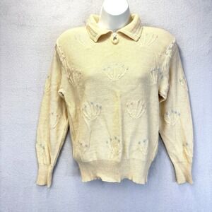 Vtg Peruvian Connection 100% Alpaca Sweater Womens Medium Collared Yellow Floral